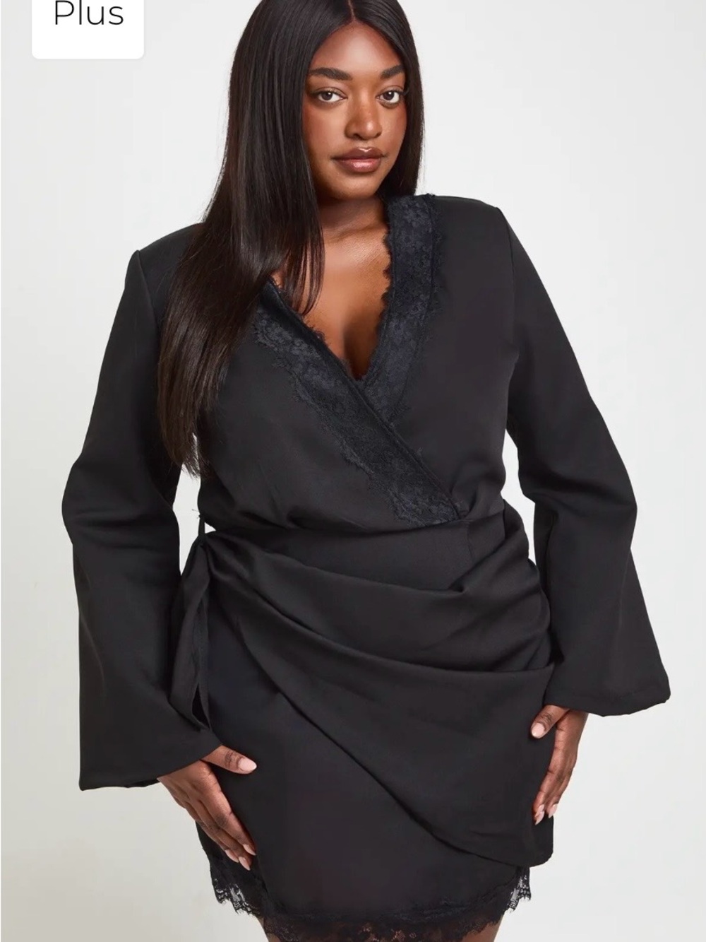 Boohoo Plus Black Lace-Trim Wrap Robe Dress